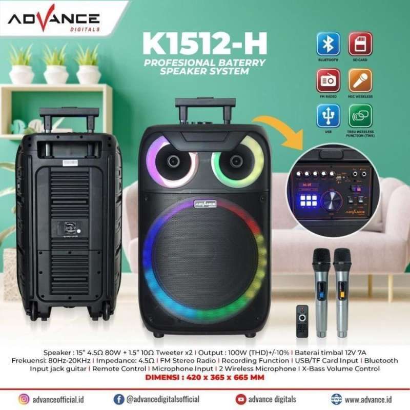 Jual SPEAKER BLUETOOTH ADVANCE PORTABLE K1512H 15 INCH GRATIS 2 BH MIC