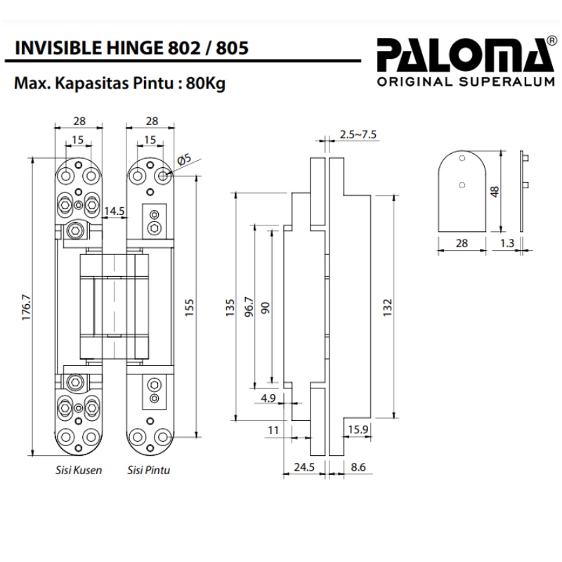 PALOMA IHP 805 INVISIBLE HINGE ENGSEL TANAM P80 HITAM MATTE BLACK