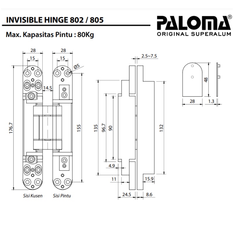 PALOMA IHP 802 INVISIBLE HINGE ENGSEL TANAM P80 SILVER NA SUPERALUM