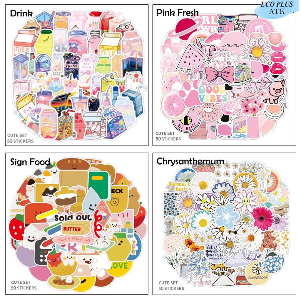 50Pcs Sticker Waterproof Graffiti Motif Print Tahan Air DIY Cartoon Food Drink Flower HBD Thumbler