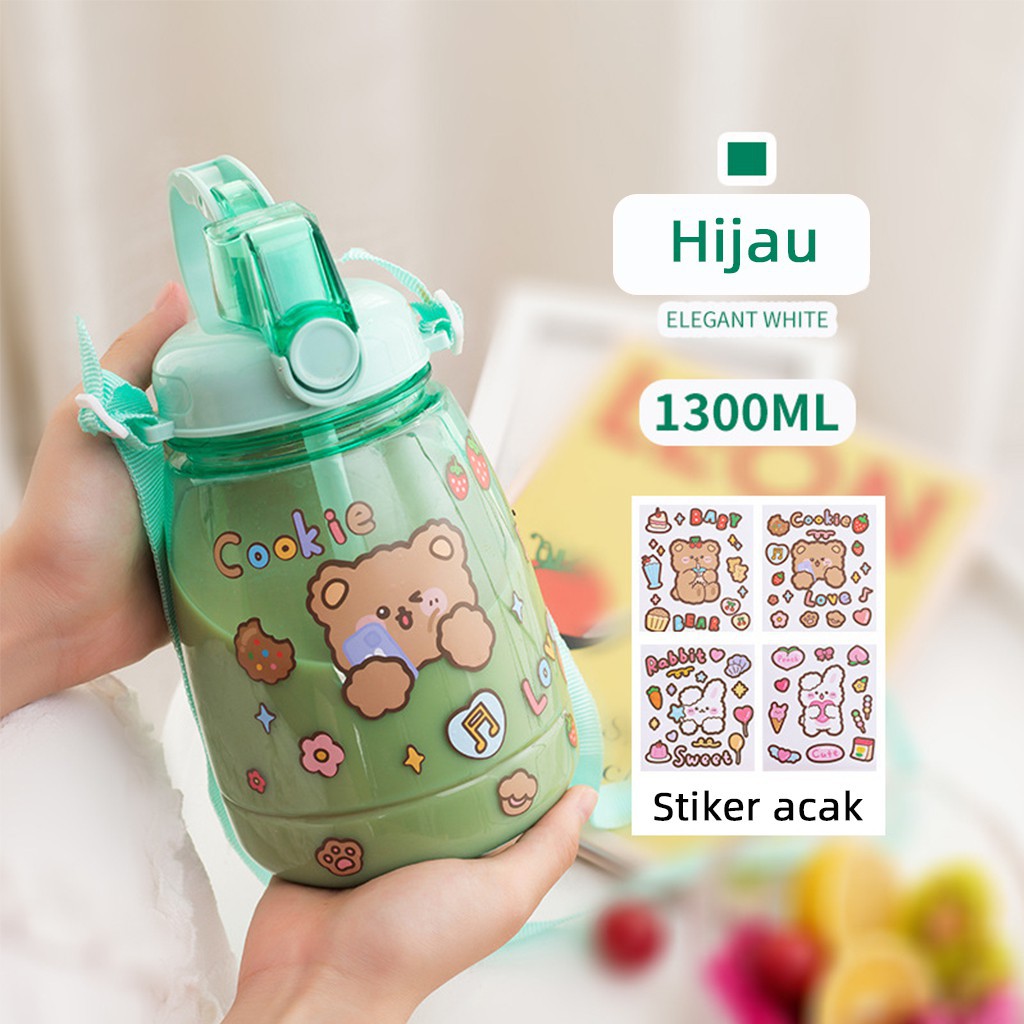 Botol Minum Anak Desain Unik Variasi Motif Karakter terdapat Sedotan BPA FREE bottol minum sedotan cangkir jerami cangkir plastik lucu cangkir kartun portabel 480ML 1000ML-Hijau 1300 ml