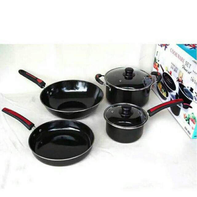 Panci Set Enamel  Cookware Set Anti Lengket Lengkap Dengan Tutup Kaca