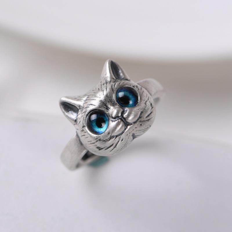 Cincin Wanita Desain Kepala Kucing Mata Besar Gaya Casual Adjustable Untuk Pestahadiah