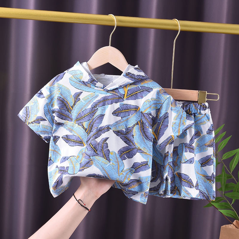 12.12 SALES!2Pcs Setelan Anak Laki-Laki Blus Sablon Bunga Lengan Pendek Modis Dengan Topi + Celana Pendek Set Pakaian