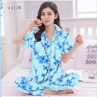hokyfashion PIYAMA CP SAKURA TULIP JEPANG FIT TO XL-BIRU