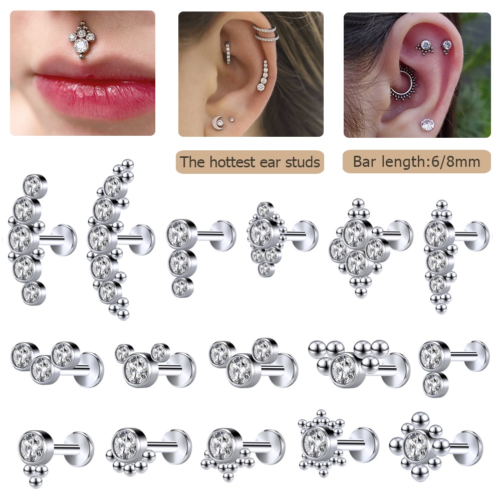 1 Pc 6/8mm Stainless Steel Labret Piercing Bar Piercing Crystal Ear Studs Cartilage Earrings Tragus Helix Piercings Jewelry 16G