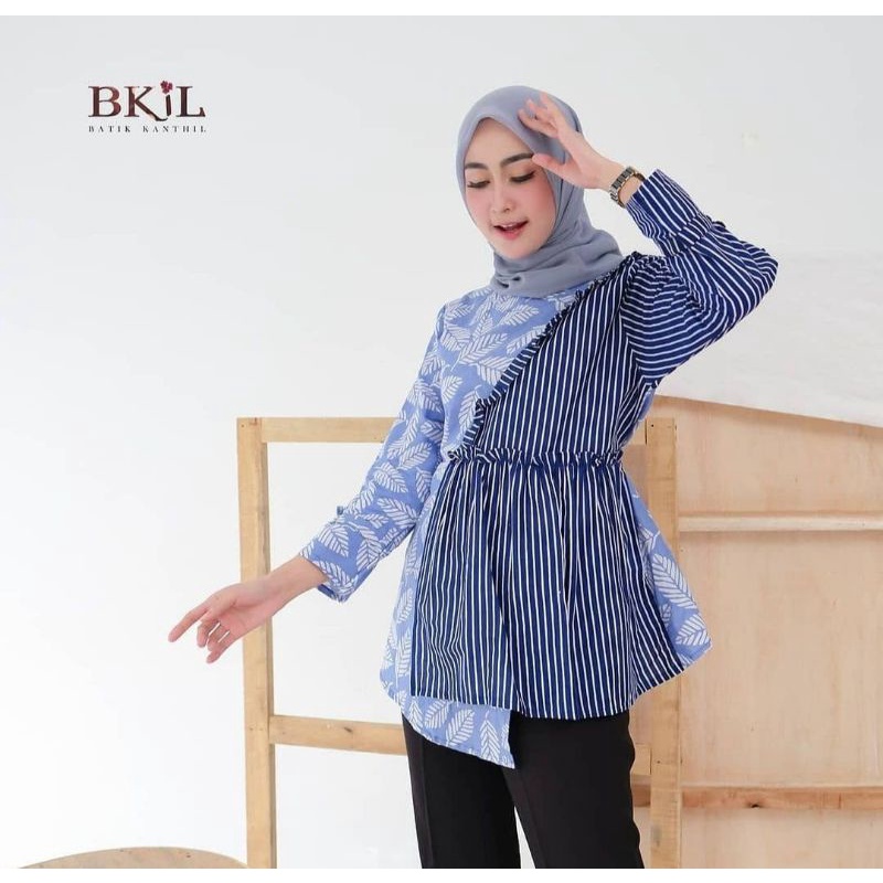 tey-17 Batik wanita ASJ SA HRB026 Kenongo Kemeja Tosca Pendek-Lurik Navi