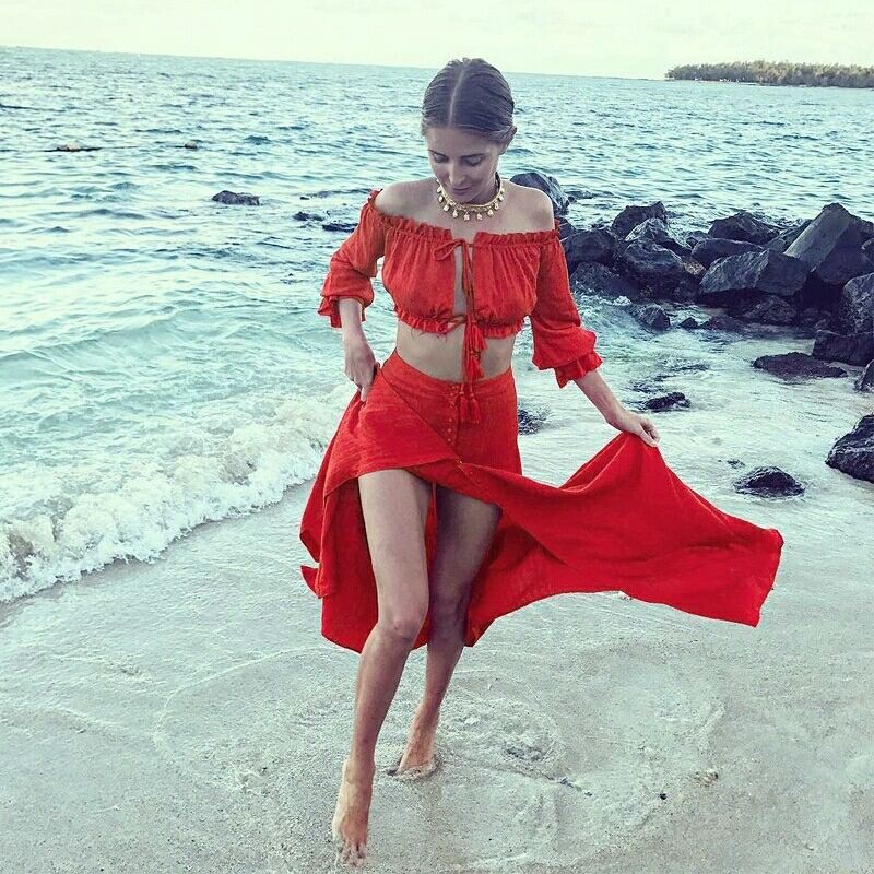Red Sexy Skirt Set Dress Off Shoulder Sabrina Beach Pantai Bali Merah Sweater Setelan Import Wanita