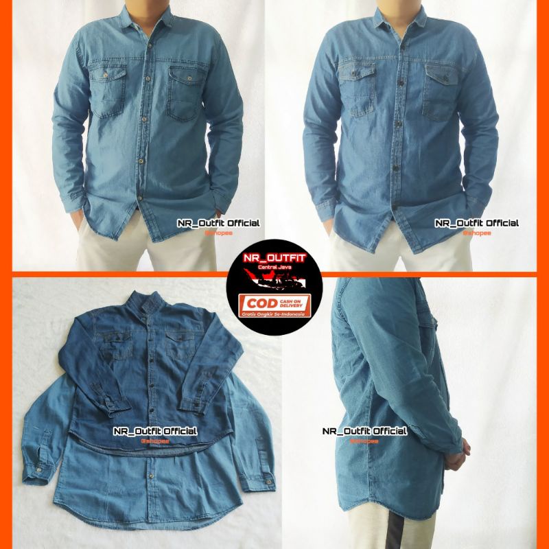 Fit To L XL XXL XXXL Kemeja Denim Jeans Panjang Pria Flanel Cowok Big Size Jumbo