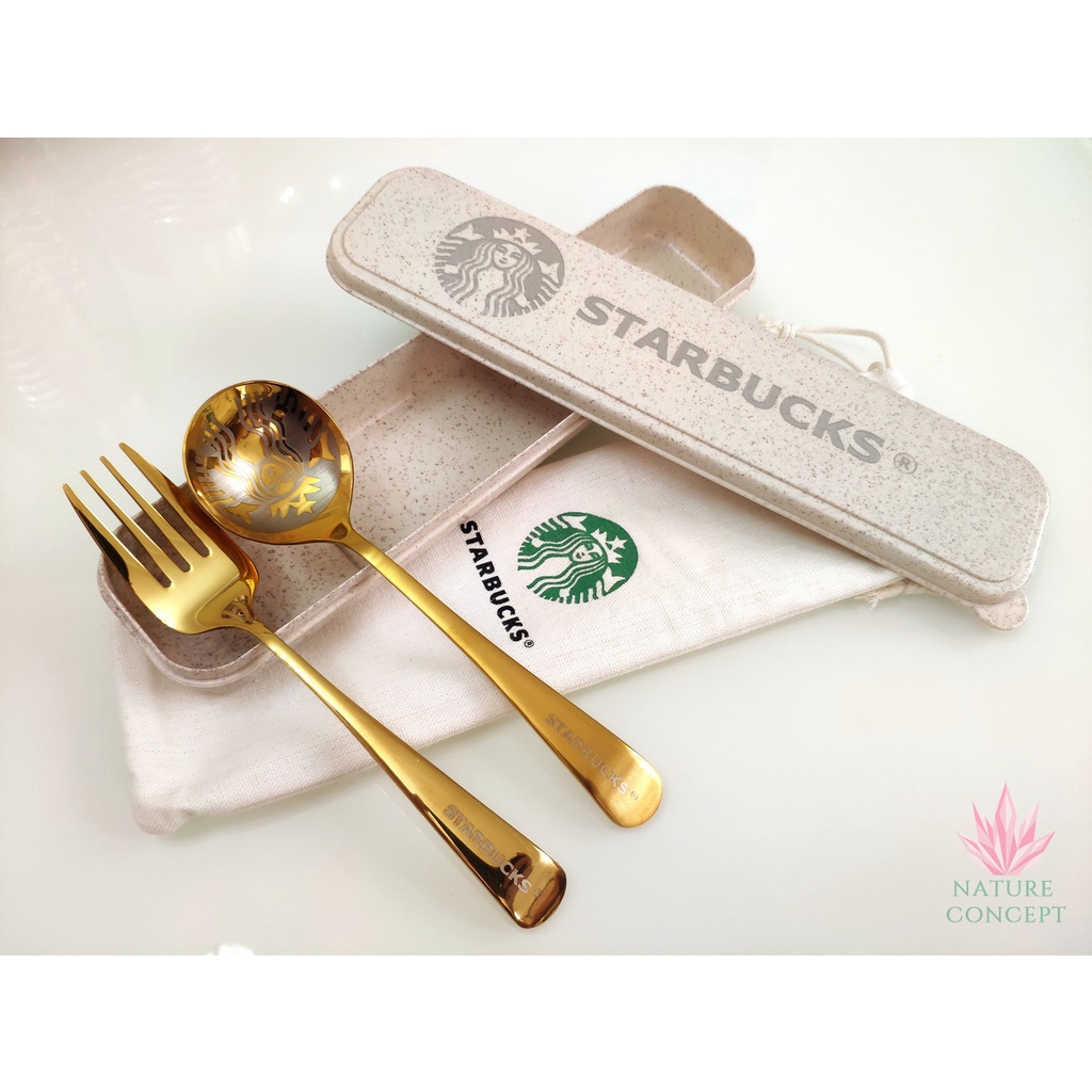 Sendok Garpu Pisau Set Starbucks Stainless Gold Peralatan Makan Set