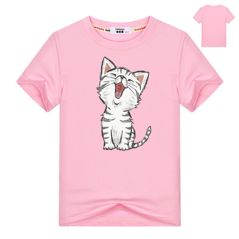 Kaos T Shirt Lucu Gambar Kucing Warna Pink Untuk Musim Panas