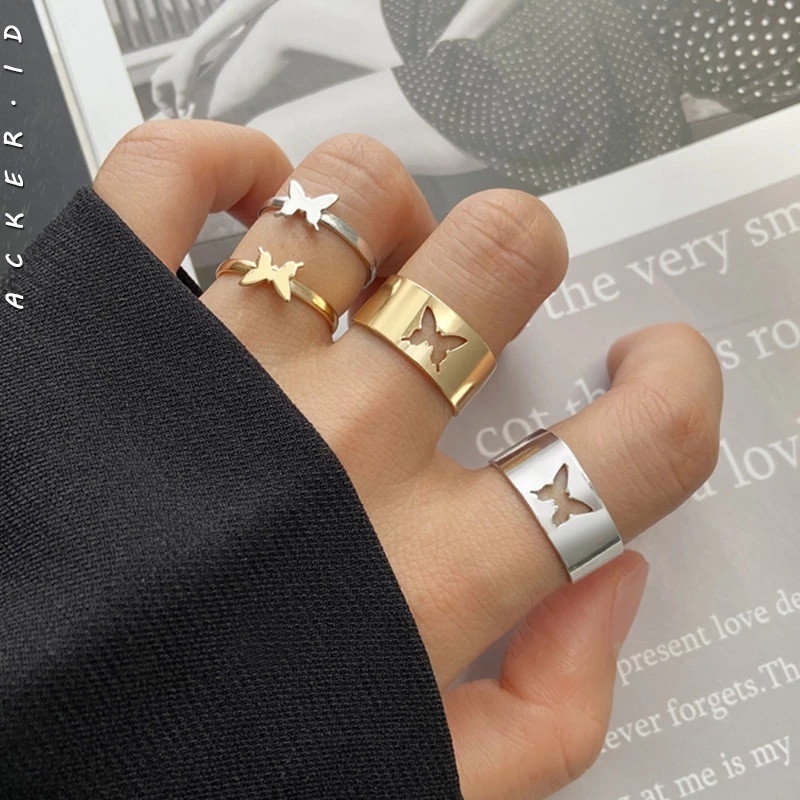 [ACKER] 2Pcs/Set Mode Kupu-kupu Cincin Set Pasangan Korea Cincin Hollow Jari Cincin Wanita Perhiasan Aksesoris Hadiah