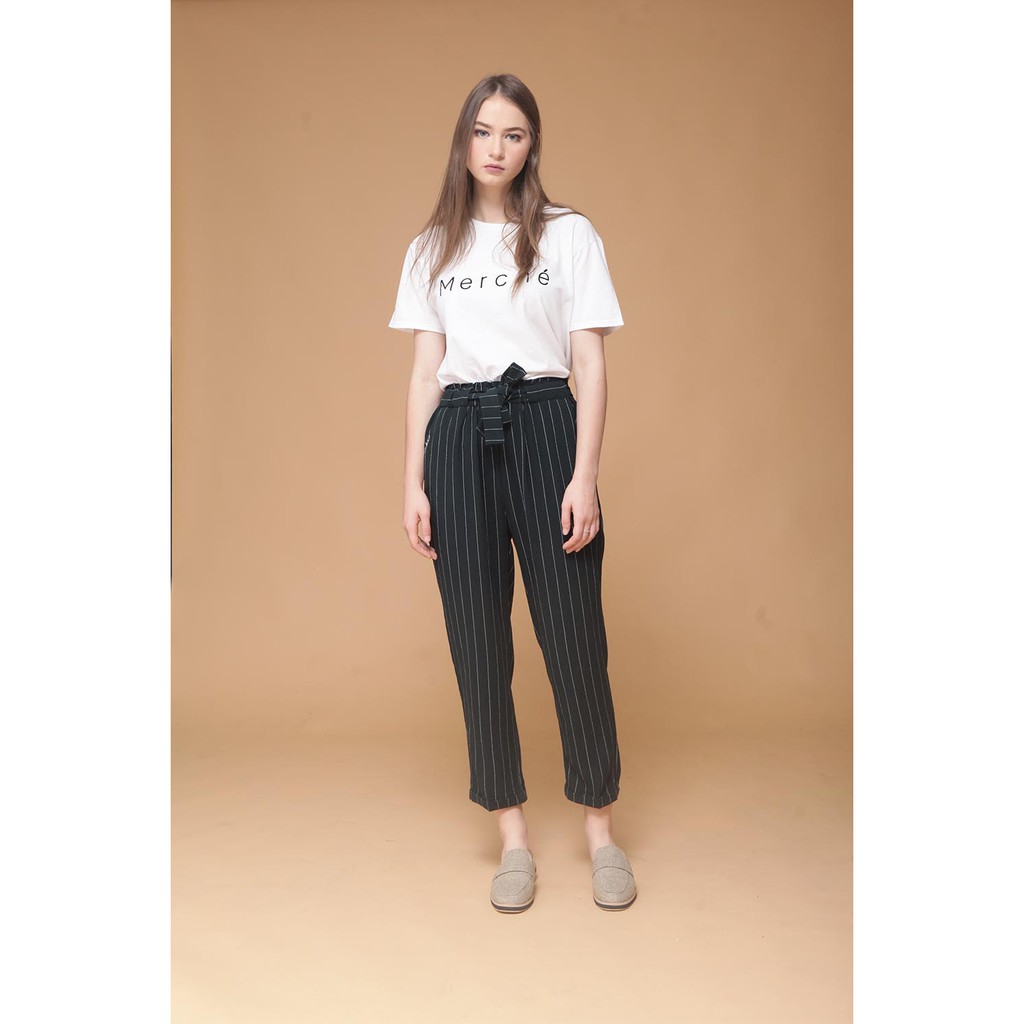  Celana  Wanita  Linen Chino  Pants Stripes Emerald Merche 