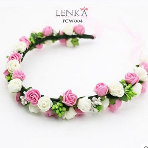 (BISA GOSEND) FLOWER CROWN PESTA WEDDING PINK WHITE BANDO BUNGA ANAK FCW004