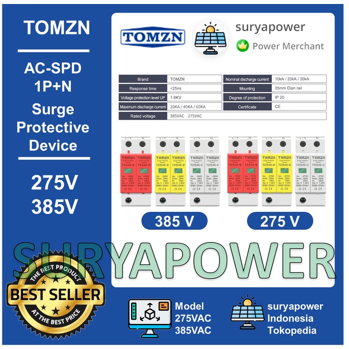 Spd Ac - 1P+N - 275V 385V - Surge Protective Device Ac - Tomzn - Tzg40
