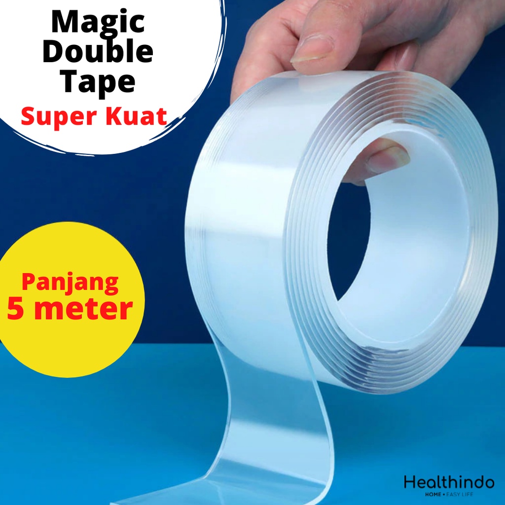 Healthindo - Double Tape | MAGIC TAPE Isolasi Bening Super Kuat 2 Sisi Nano 5 meter Dabel Tip lakban