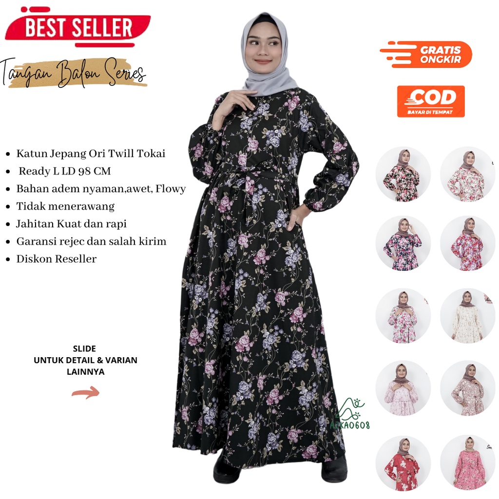Gamis Tangan Balon Dress Muslim Lengan Balon Terbaru Motif Katun Jepang Ory