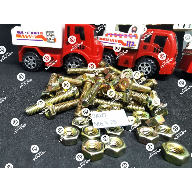 BAUT + MUR M6 X 25; BAUT BESI KUNING M6 X 25 + MUR