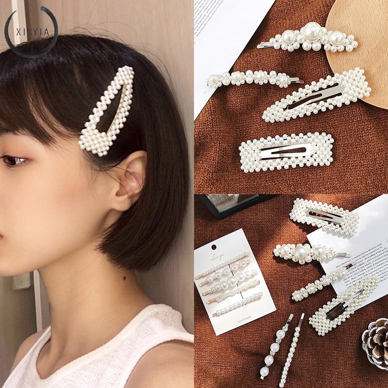 Jepit Rambut Model Barrette Hias Kristal / Mutiara Elegan untuk Wanita