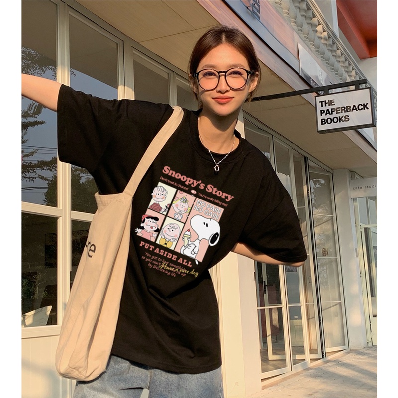 korean style lengan pendek oversize kaos wanita Snoppy's Story pattern printing T-shirt/kaos putih/hitam atasan wanita