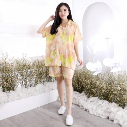 Setelan Piyama Wanita Pendek HP Satu Set Tie Dye Rosei Jumbo XXL Big Size Baju Tidur Wanita Cewek Casual Setelan Rayon One Set Cantik-GUHCC1 KUNING