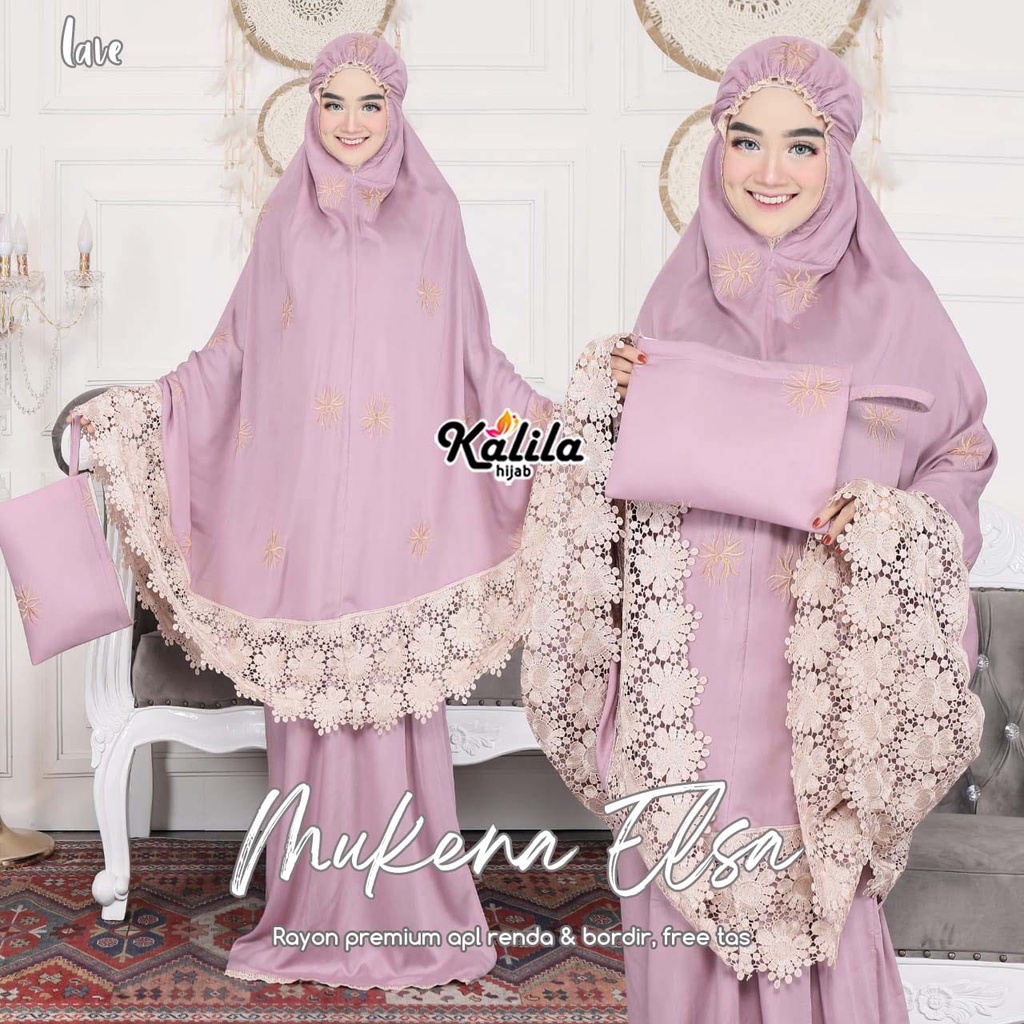 MUKENA ELSA CANTIK DAN ANGGUN ORIGINAL KALILA HIJAB BAHAN KATUN RAYON KOMBINASI RENDA DAN BORDIR FRE