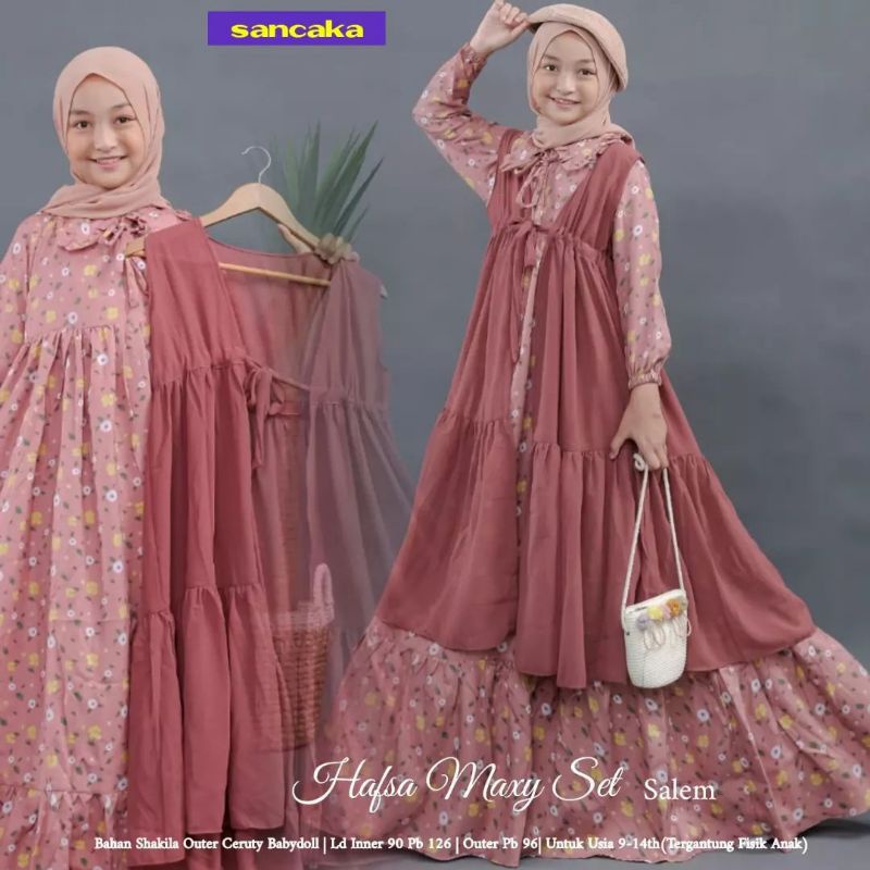 AS Hafsa set kids maxy / gamis set outer anak remaja umur 10 11 12 13 14 thn ld90 / gamis lebaran / 