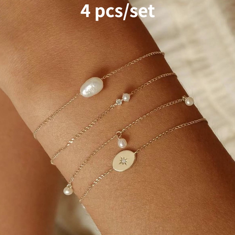 4pcs / Set Gelang Tangan Alloy Lapis Emas Desain Bintang Hias Mutiara Imitasi Untuk Wanita