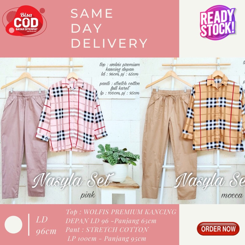 Nasyla Setelan Wanita Kekinian Atasan Bahan Wolfis Motif Kotak Dan Celana Panjang Bahan Katun Melar