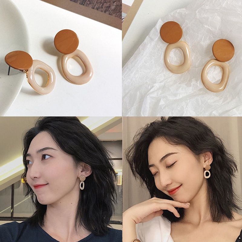 Anting S925 silver needle Bentuk Lingkaran Geometris Tidak Teratur Warna Coklat Gaya Korea