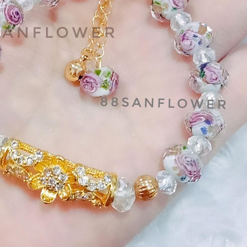 ❉ Gelang Kristal Berukir Mawar MEWAH Charm Pipa Emas ➦
