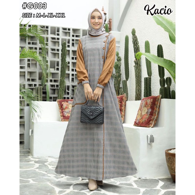 Kacio Gamis Semi Woll Import | Gamis motif Kotak | Gamis Muslimah| Tebal Adem