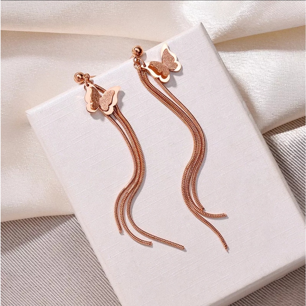 Anting Titanium Jurai Kupu - Kupu Dengan Pentul Warna Rose Gold dan Gold