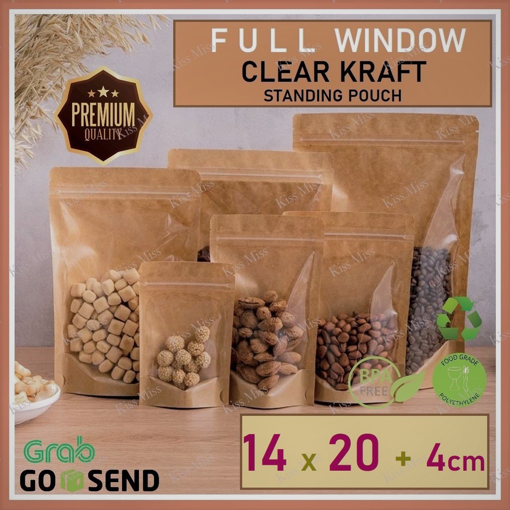 FULL WINDOW CLEAR KRAFT - 14x20cm - standing pouch - ziplock - kemasan bubuk - biji - kopi – kurma