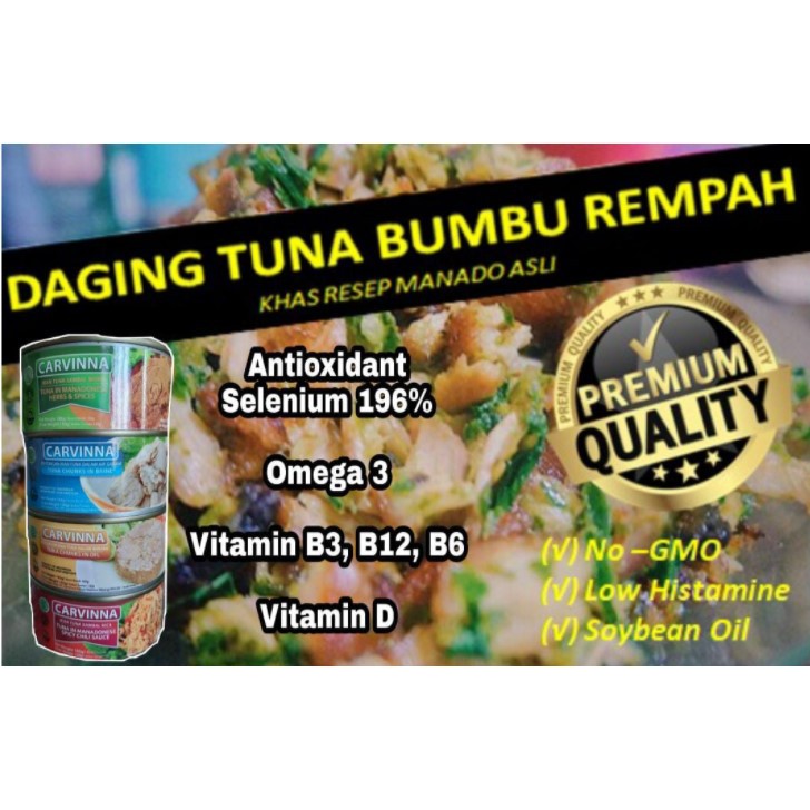 MAKANAN KALENG SIAP SAJI / DAGING KALENG HALAL / DAGING IKAN TUNA KALENG CARVINNA / BUMBU REMPAH