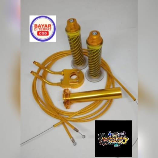 (PAKET GAS SPONTAN 1 SET) SLONGSONG GAS CNC+2 KABEL KARBON+BAUT L GOLD+GRIP BAD KARBON+JALU STANG (GOLD)