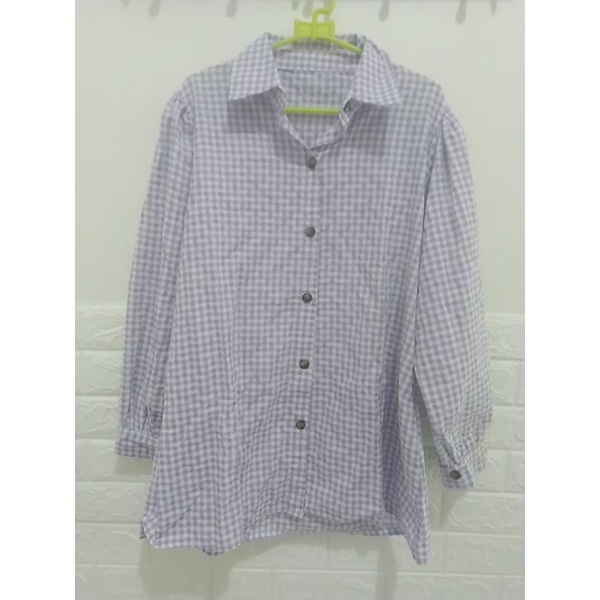 preloved kemeja tunik kotak kotak warna lilac tangan balon