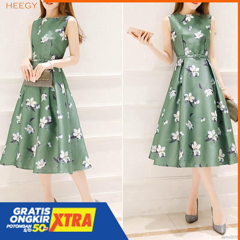 Big Size Dress Gaun Tanpa Lengan Motif Floral dan Bergaya Retro Klasik Elegan Gaya Wanita Korea