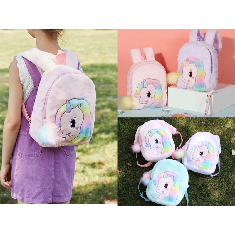 Ransel unicorn bulu rainbow/tas unicorn bulu