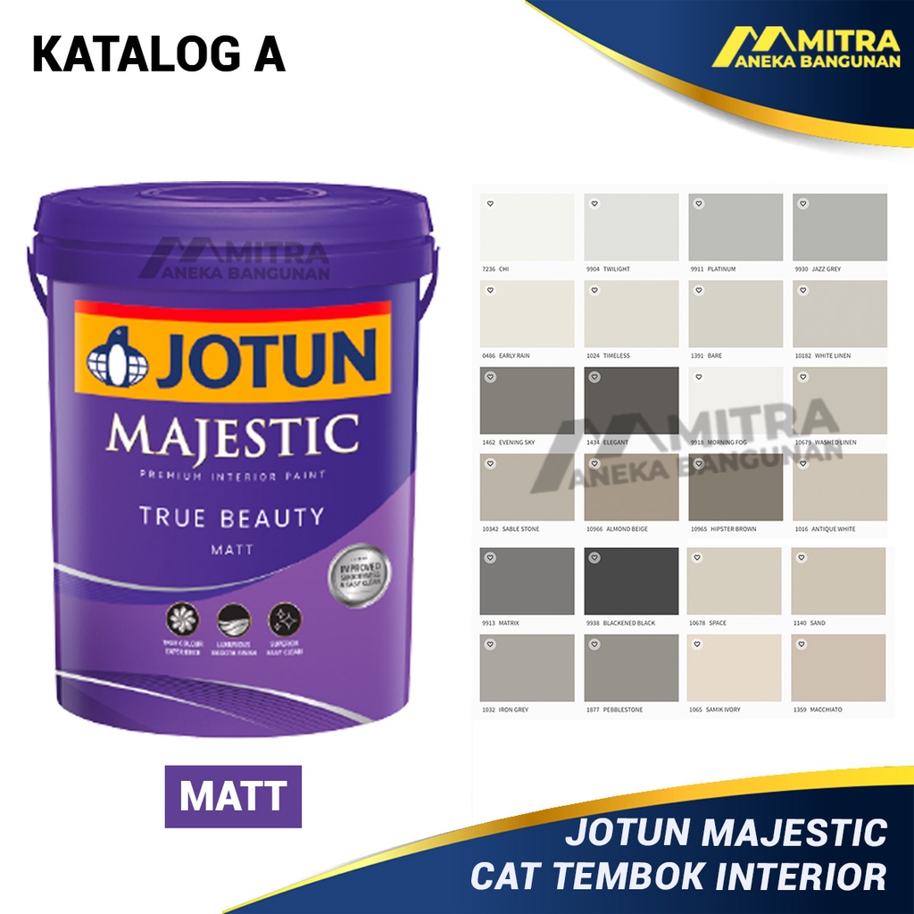 CAT TEMBOK INTERIOR JOTUN MAJESTIC TRUE BEAUTY MATT 2,5 LITER / KATALOG A / WARNA ABU PUTIH HITAM NU