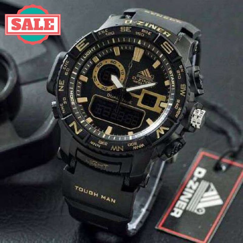 Promo JAM TANGAN PRIA - DZINER RUBBER ANTI AIR BLACK COVER GOLD