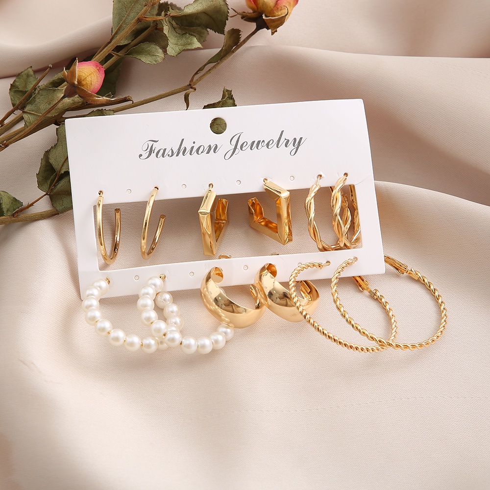 6 Pasang / Set Anting Hoop Bentuk Persegi Aksen Mutiara Warna Emas Untuk Wanita