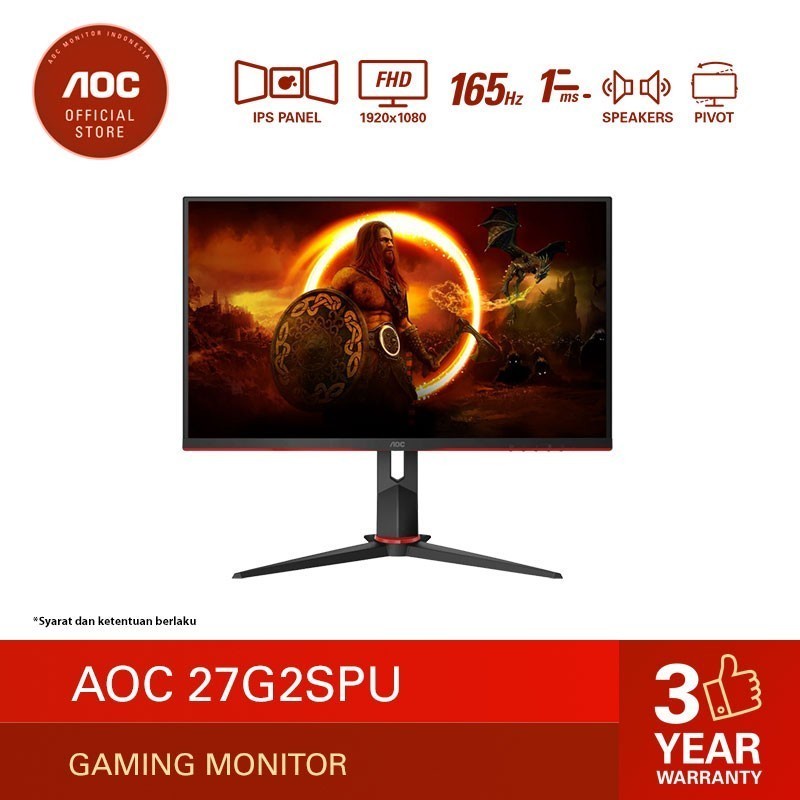 AOC 27G2SPU 27 Inch Gaming Monitor - FHD IPS 165Hz 1ms