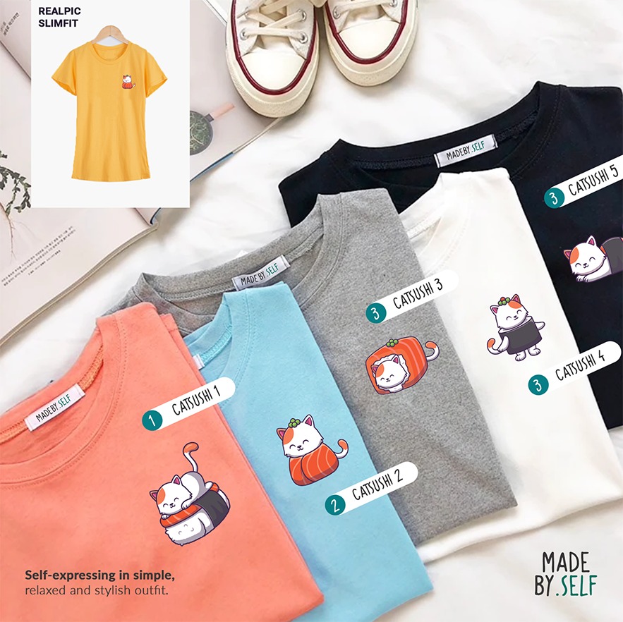 Kaos Wanita Santai Slim Fit - Catsushi Sablon Print Motif Karakter Lucu Cute Kawai Cotton Combed 30s