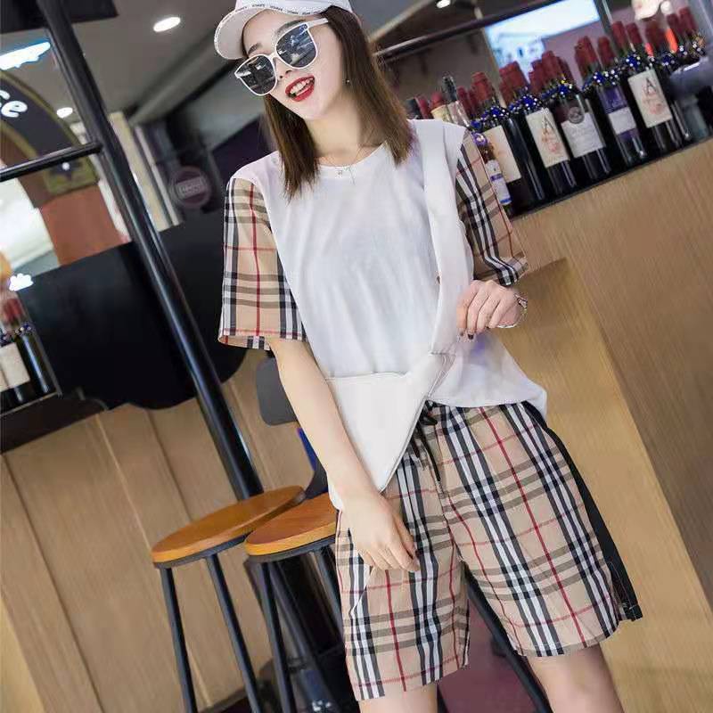 b028, import Setelan Baju Kaos Motif Kotak Kotak baju set wanita