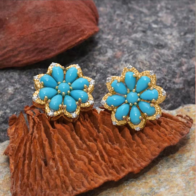 Boho Vintage Turquoise Stud Earrings Women 925 Sterling Silver Snow Flower Diamond Earrings Bridal Wedding Party Anniversary Gift Jewelry