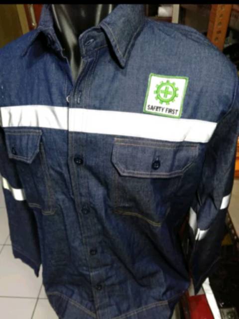 SERAGAM BAJU SAFETY PROYEK BAHAN KAIN LEVIS RESLETING DAN KAMCING JEANS