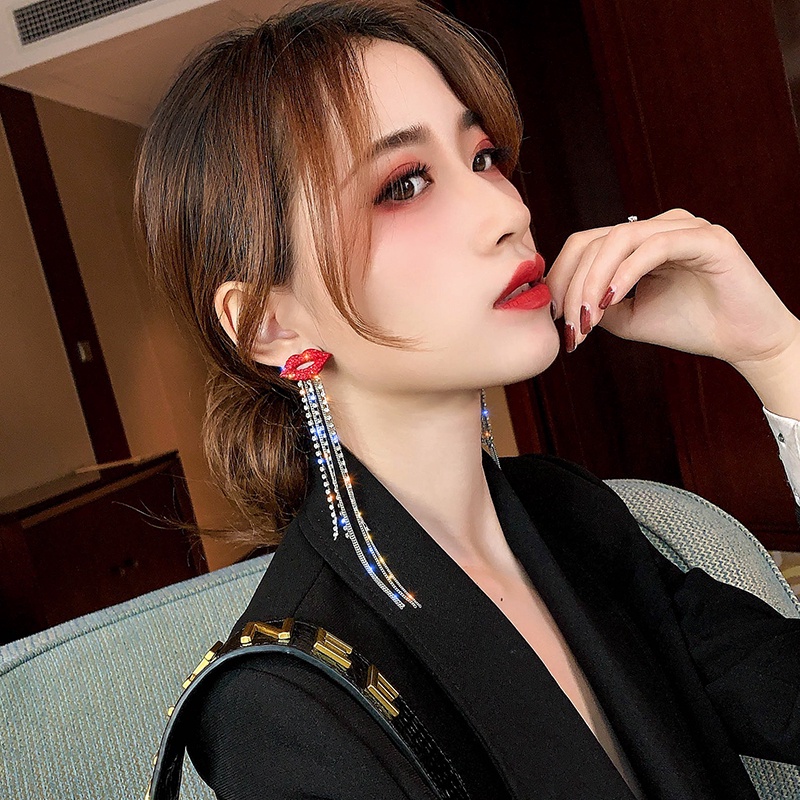 Anting Tusuk Sterling Silver 925 Model Bibir Merah Api Dengan Rumbai Panjang Untuk Wanita