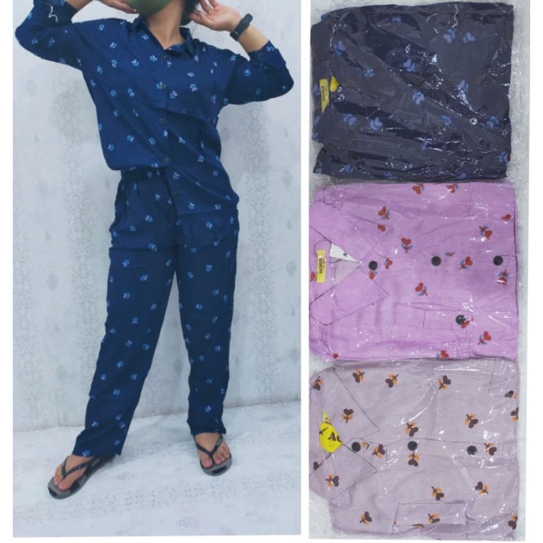 PP kemeja rayon motif agnes ld 104 celana panjang lengan panjang