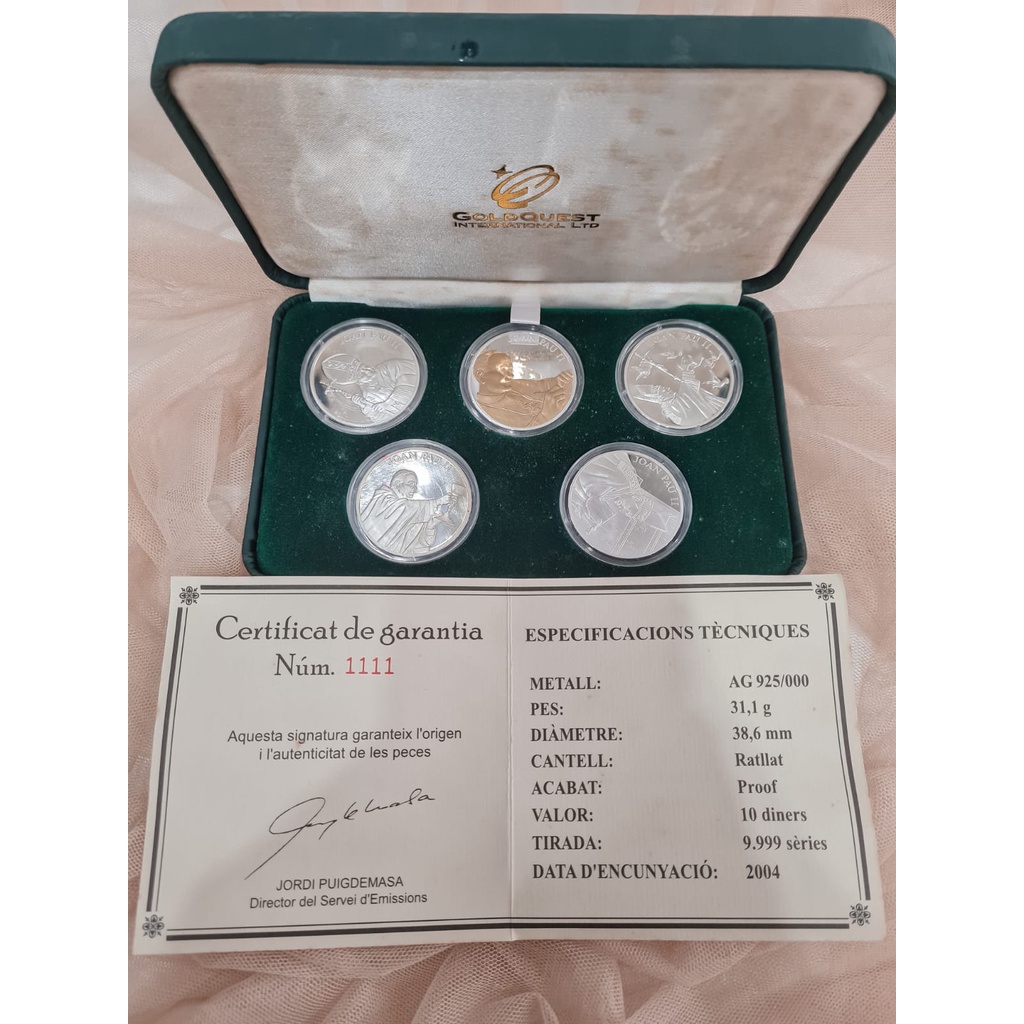 Logam Mulia Koin Perak Metal Goldquest Edisi Paus Jon Pau II dengan Sertifikat Box Asli Uang Kuno Antik